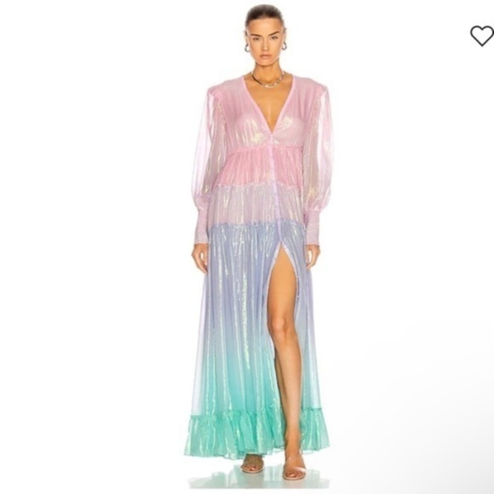 Rococo Sand Emi Metallic Shimmer Purple and Pink Long Sleeve Maxi Dress - Picture 6 of 15